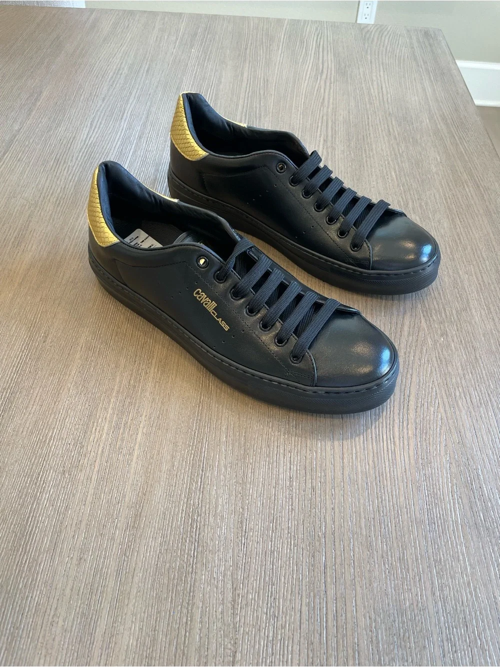 Cavalli Class mens Leather Low Top Sneaker In Black/Gold size 11.5/44.5